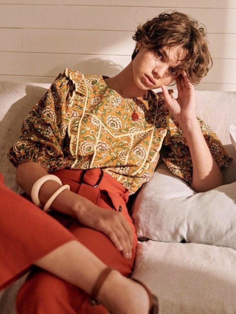 Sezane Angeline Blouse in Ochre Floral Print Size 4